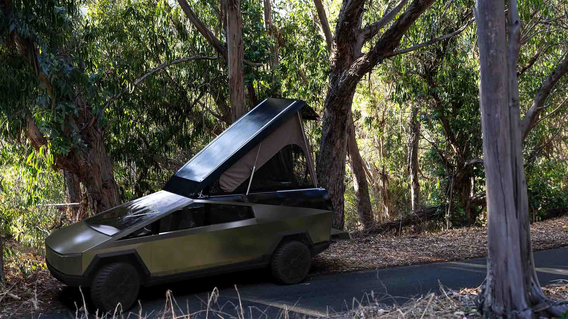 The Wedge camper open on the Cybertruck
