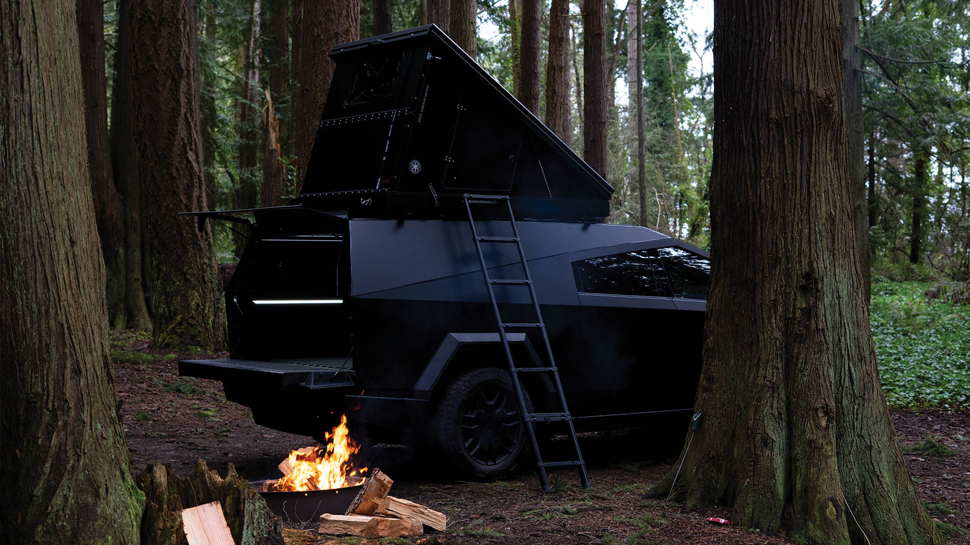 Camping in the Cybertruck with a roof top tent installed on top of the Cybertruck