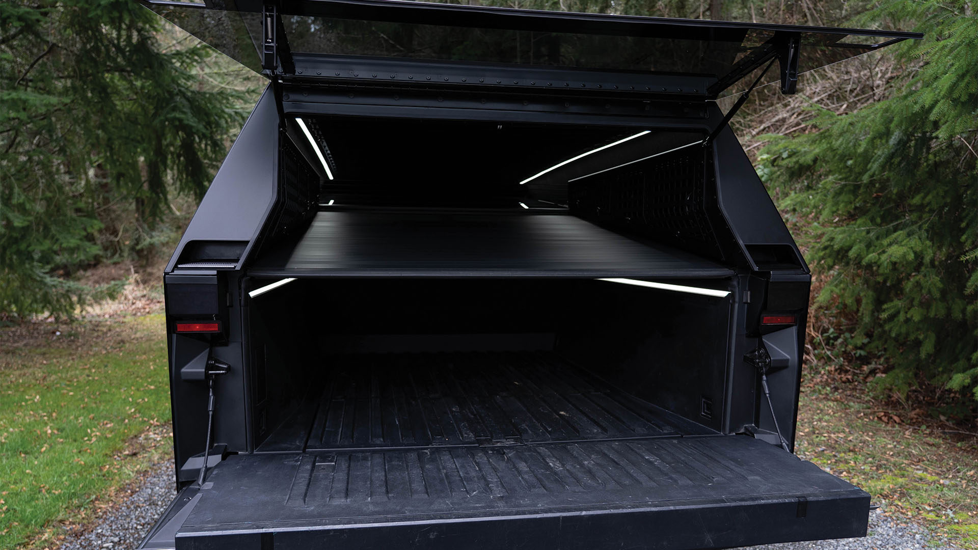 Cybertruck tonneau cover closed inside the truck cap